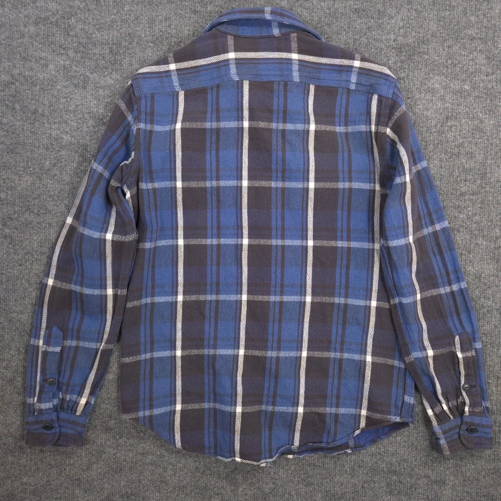 Vintage Polo Ralph Lauren Flannel Work Shirt Mens M Blue Plaid Pencil Pocket 90s